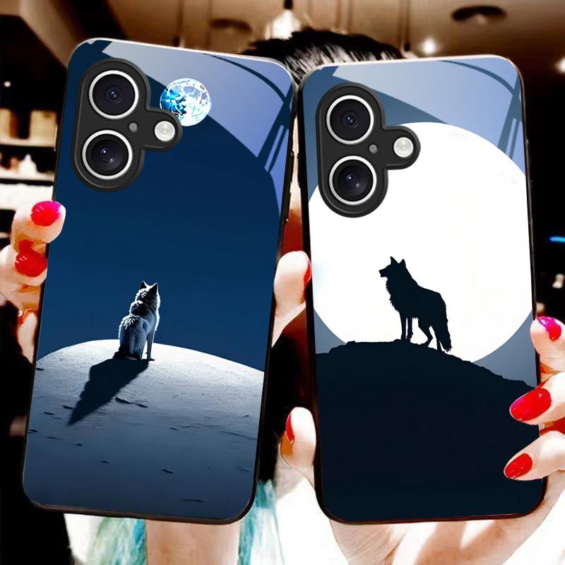 The Moon and the Wolf For Apple iPhone 16E 16 E 11 13 15 P Ro 14 Pro Max 12 Mini 7 8 Plus XR XS Black Tempered Glass Phone Case