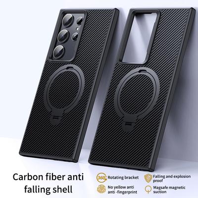 For Samsung Galaxy S23 Ultra Case Compatible with MagSafe Carbon Fiber Texture Kickstand PC+TPU Protective Cover