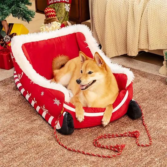 Weihnachtsschlitten Haustierbett Lustiges Flauschiges Weihnachtsmannschlitten Hundebett Abnehmbares Plüsch-Haustiersofa-Bett mit Rutschfester Unterseite für Katzen Hunde Feiertagsdeko