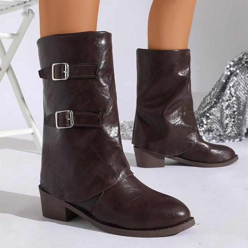 Mid Heels Women's Boots Fashion Mid Calf Heels Shoes  Pumps Leather Winter Boots New Gothic Walking Designer Mujer Botas