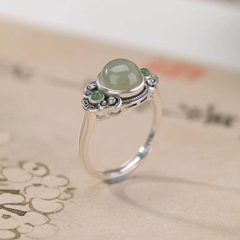 Ethnic Style Thai Silver Flower Green Stone Adjustable Finger Rings For Women Fashion New Jewelry Gift Party anillos