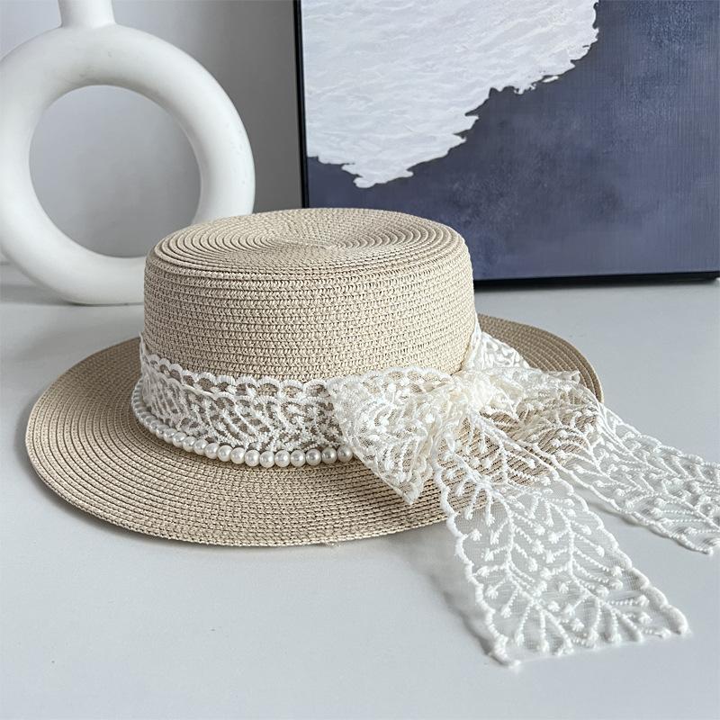 

Новая летняя французская шляпа Хепберн с жемчужным бантом, соломенная шляпа с плоской тульей и широкими полями, модная универсальная шляпа в корейском стиле one size fits all