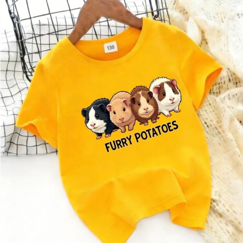 Children Crew Neck Short Sleeve T-Shirt with Cartoon Guinea Pig Print