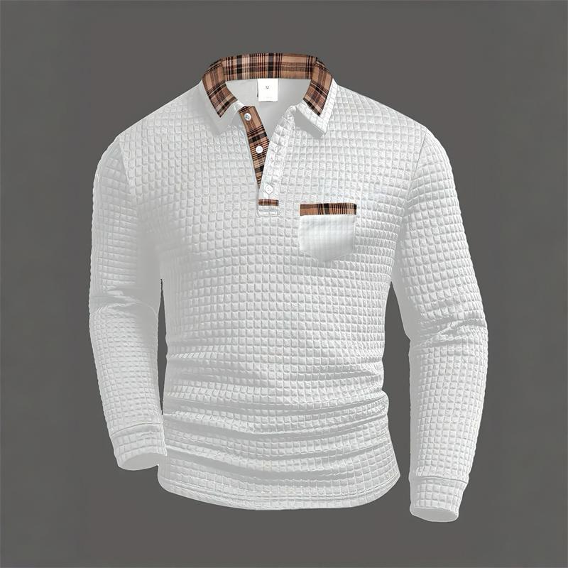 Herren Casual Polka Dot Jacquard Unifarben Langarm Poloshirt Kariert Patchwork Kragen Tasche Oberteil Lässiger Business Stil