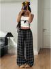 Retro Karo Bodenlange Weitbeinige Hose: Elastischer Bund, Vielseitig, Bequem, Gerades Bein, Lässiger Stil