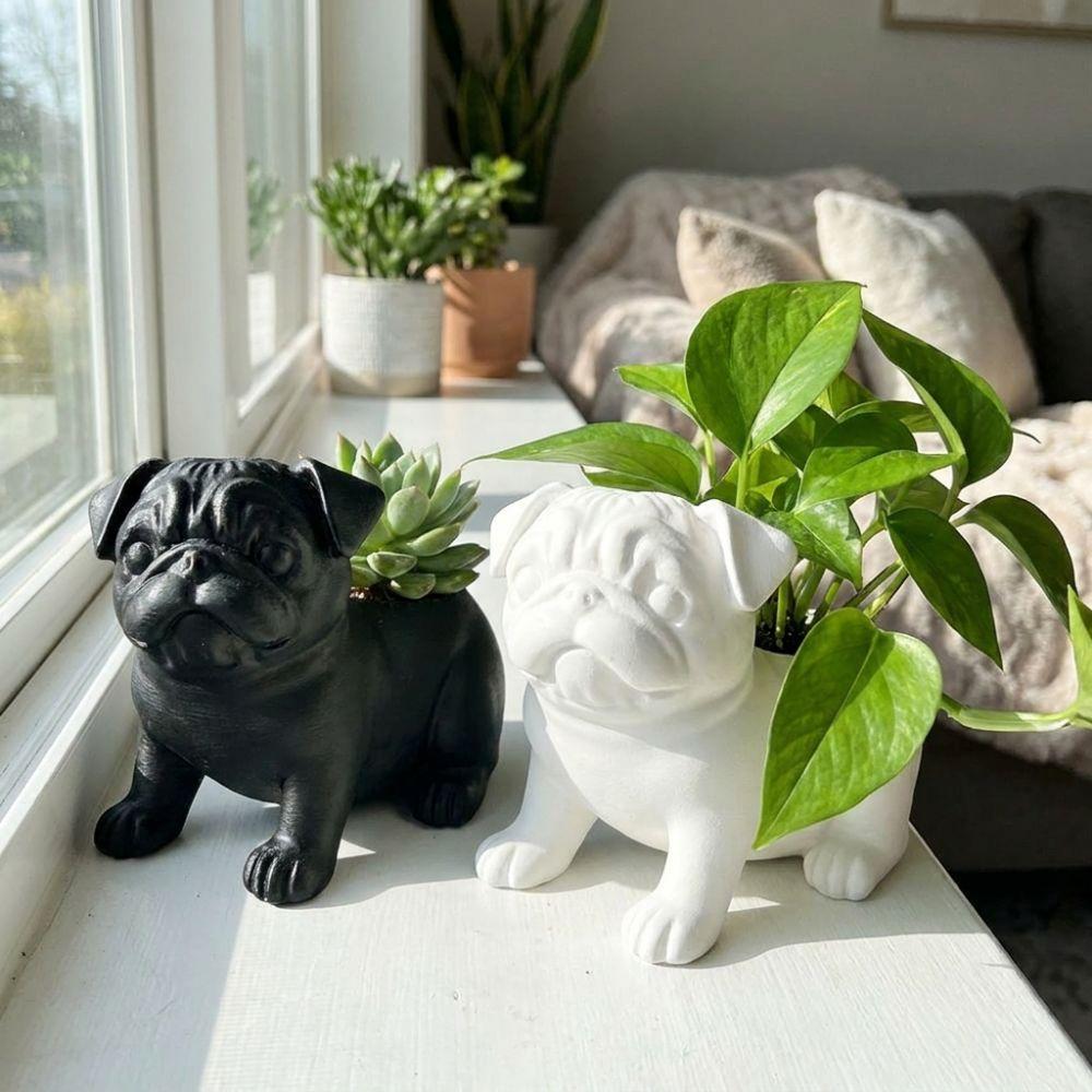 3D Printed Animal Shaped Pot Plastic Pug Figurine Plant Holder Desktop Display