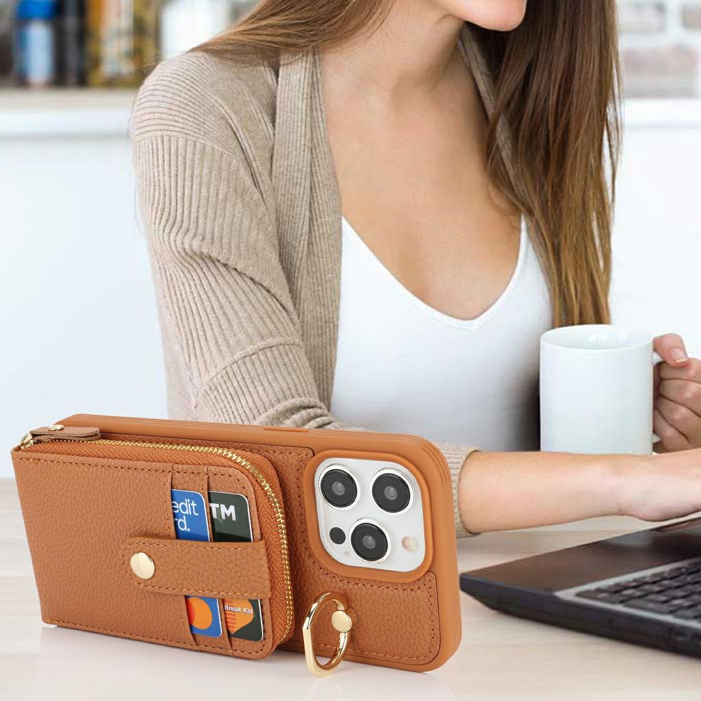 For iPhone 14 Pro Max Case with Zipper Pouch/Ring Kickstand/Strap Litchi Texture PU + TPU Phone Cover