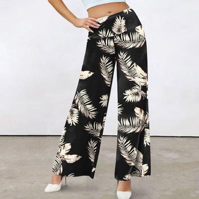 Pantaloni casual con stampa a foglie da donna, elastici, vita alta, dritti, a gamba larga, lunghi, pantaloni elastici da ufficio, streetwear