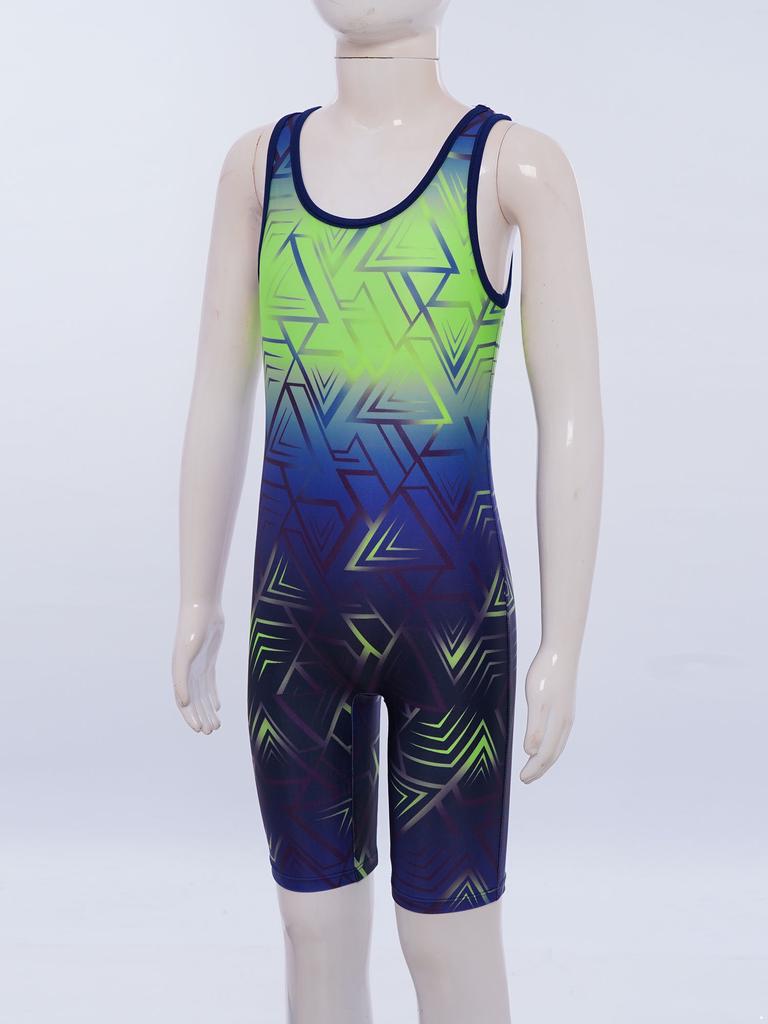 Boys Cycling Workout Bodysuit: U Neck Sleeveless Geometric Print Singlet for Wrestling Exercise Training