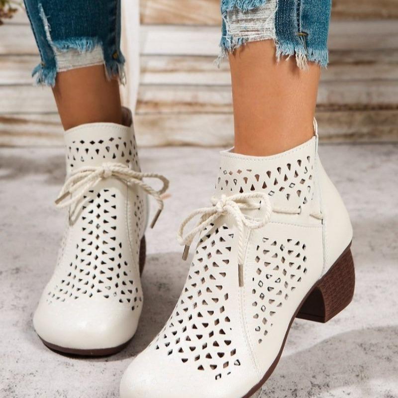 

Летние ботильоны 2025 года Обувь Женская Средний каблук Сандалии Ботильоны на молнии сбоку Вырезы Дышащие Mujer Zapatos 35 бежевый