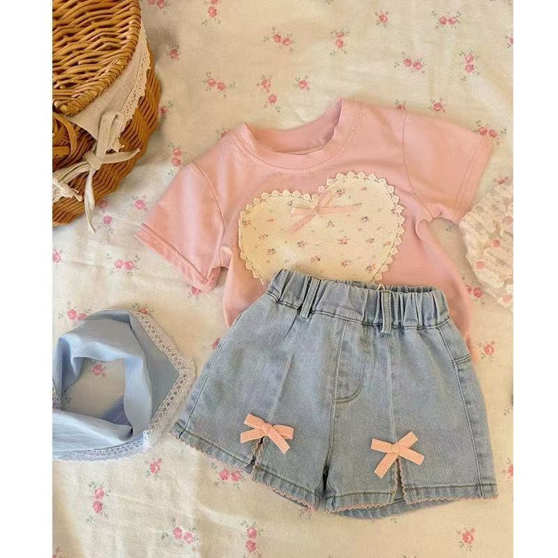Girls Summer Fashion Set Pink Bow Short Sleeve Top And Denim Shorts Two Piece Outfit For Kids Casual Trendy Clothing