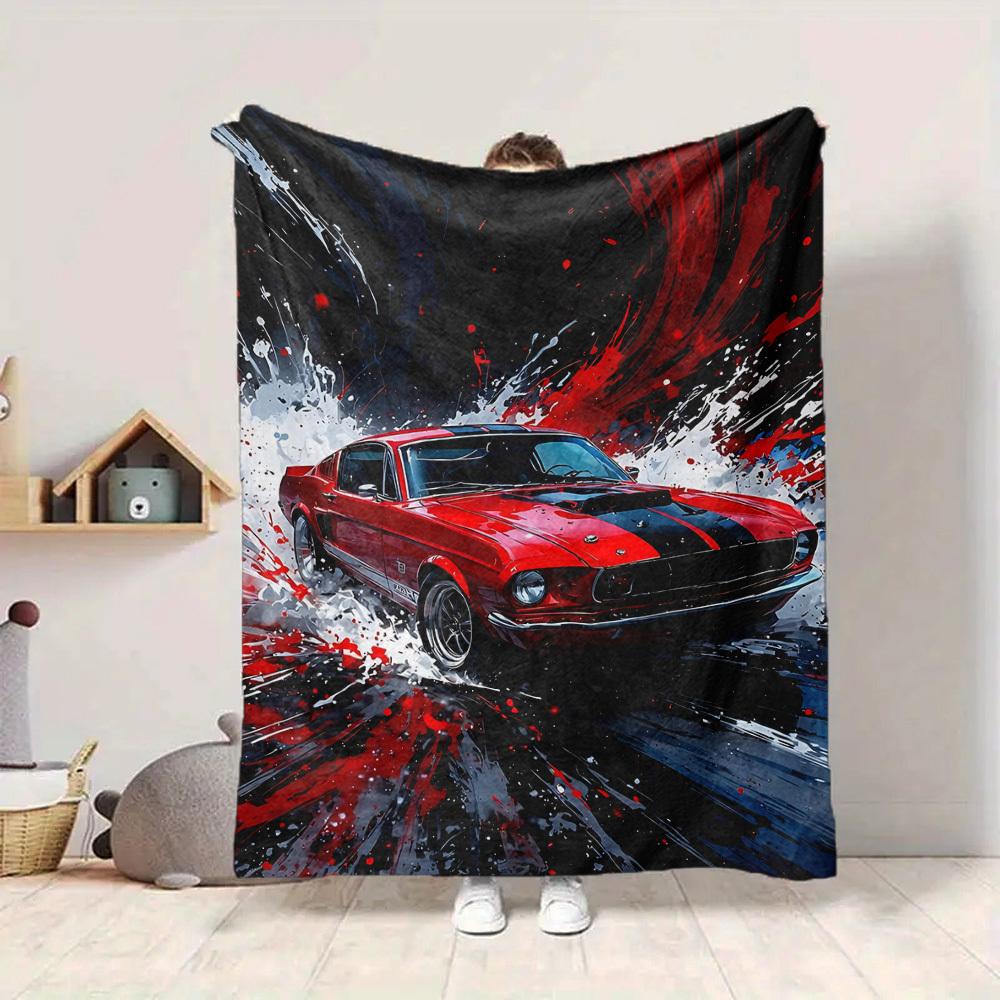 1pc Classic Muscle Car Flannel Blanket [Cozy Throw Blanket] For Sofa, Bed, Travel, Camping, Livingroom, Office, Couch, Chair, And Bed