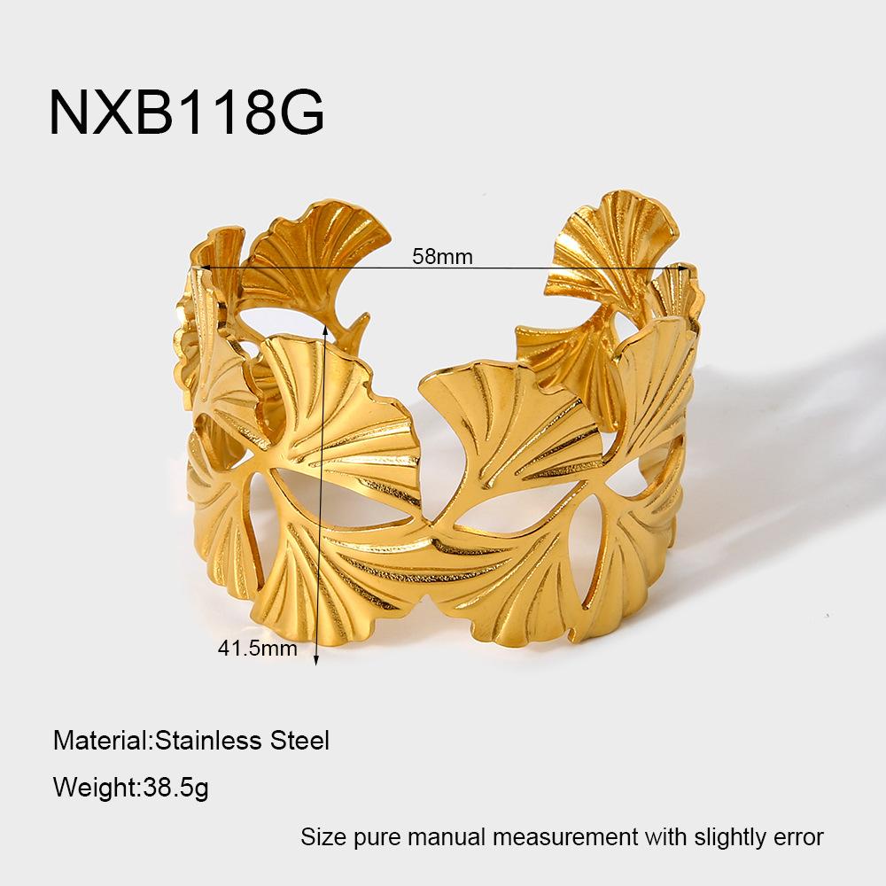 INS Vintage Classic Wide Side Geometric Ginkgo Flower Opening Bracelet 18K Gold Plated Stainless Steel Bracelet Jewelry