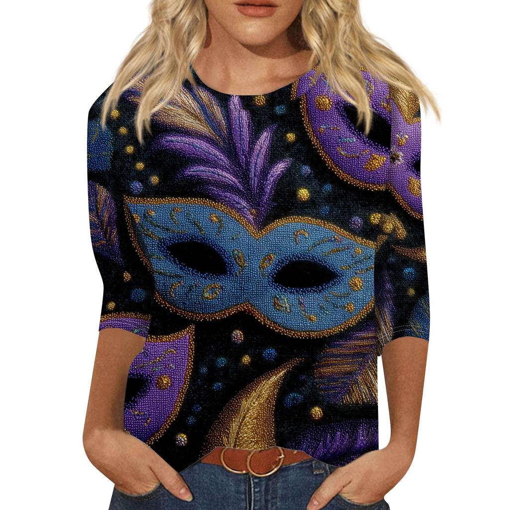 Dámský módní ležérní top s tříčtvrtečním rukávem a karnevalovým potiskem u krku