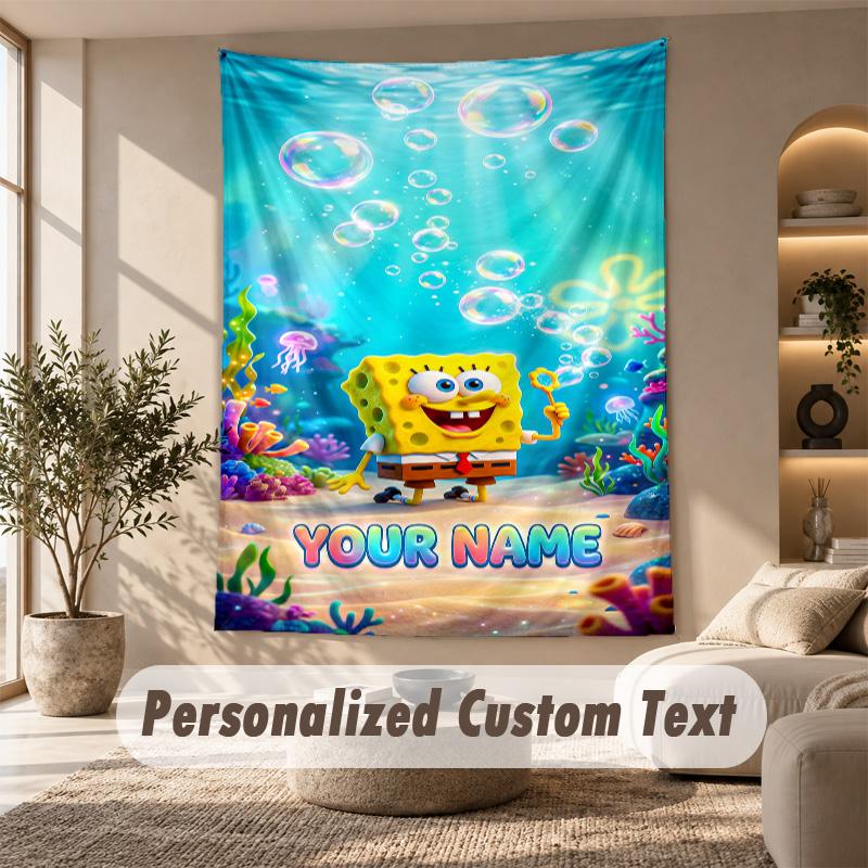SpongeBob Tapestry, Personalized Custom Text, Wall Hanging Tapestry For Living Room Home Wall Decor