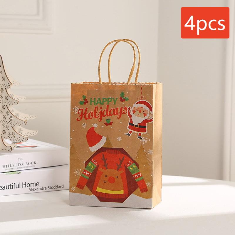 4-Pack Small Christmas Gift Bags, Red Christmas Tree, Santa Hat, Portable Kraft Paper Bags, Party Bakery Store Gift Packaging