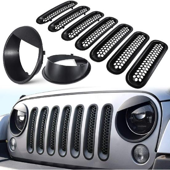 Front Grille Mesh Inserts & Headlight Cover for Jeep Wrangler JK JKU Sport Freedom Rubicon Sahara Unlimited 2007-2018 Exterior Accessories Clip-in