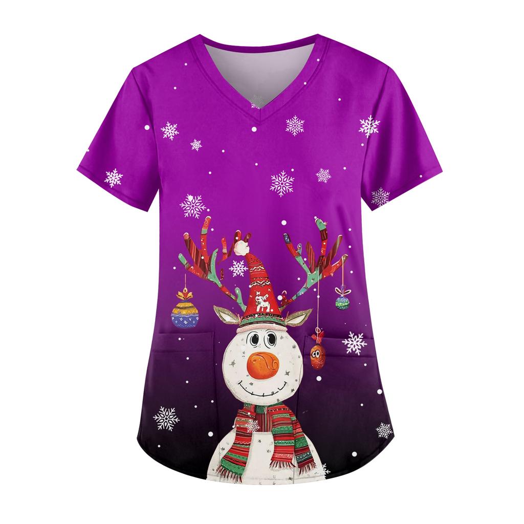 Ladies' Fashionable V-neck Pocket Short Sleeved Christmas Tree Printed Caregiver Uniform