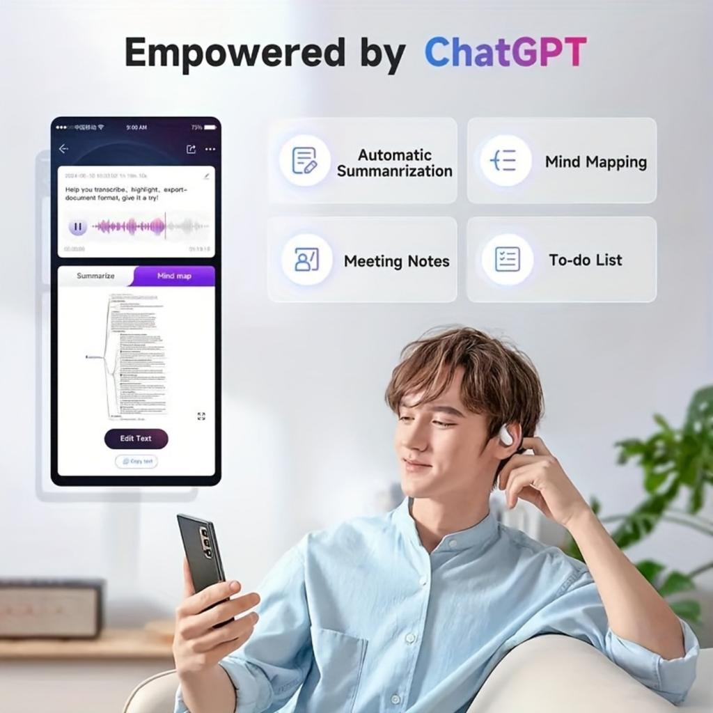 Překladová náhlavní souprava Ai, bezdrátová náhlavní souprava, překlad v reálném čase do 144 jazyků, inteligentní potlačení hluku se 6 mikrofony, překlad v reálném čase