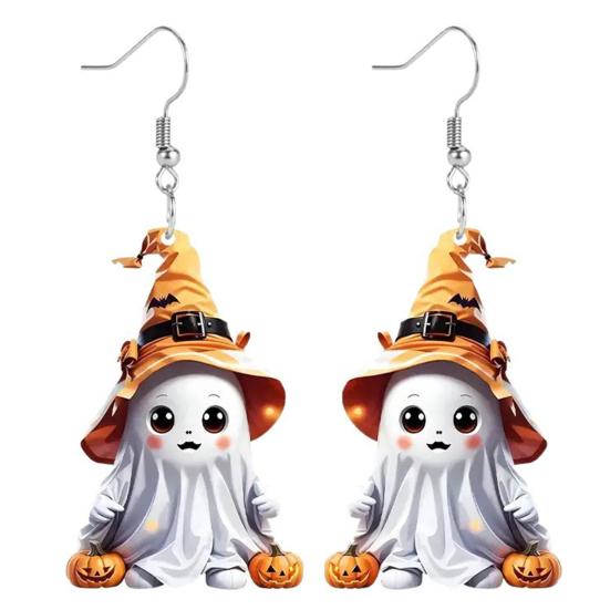 Smooth Polished Ear Pins 1 Pair Halloween Cute Ghost Earrings, Acrylic Dangle Earrings with Witch Durable Festive Hat Pumpkin Bat, Anti-Rust