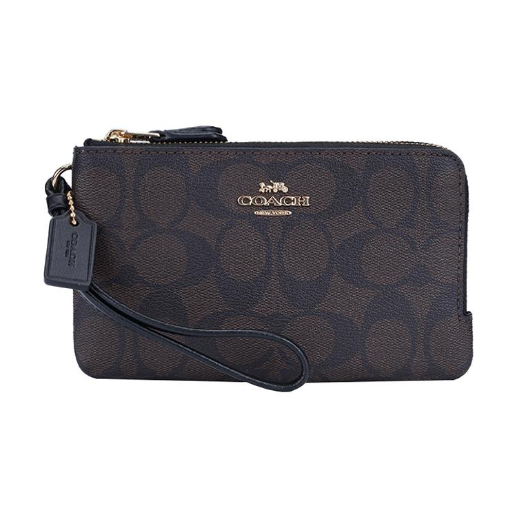 

New COACH Corner Zip Monogram Canvas With Leather Pochette Wrist Bag Clutch Mini Women s Black Brown 87591-IMAA8 17.0*2.0*9.9CM