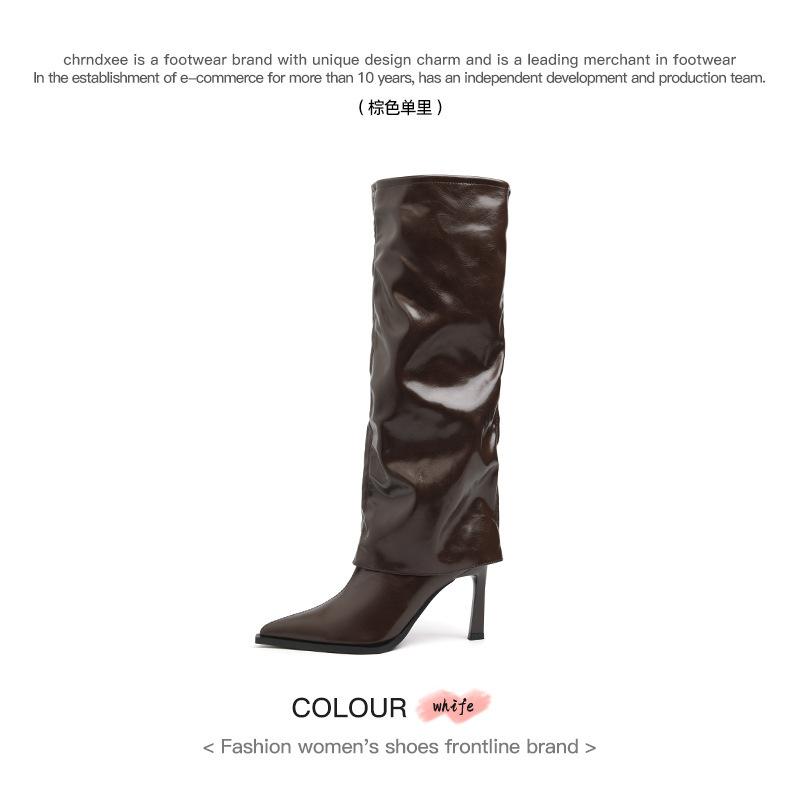 

Cowhide version~ Korean version of thin heel pointed boots for women s autumn and winter new retro leather high heel but knee trouser tube boots 39 коричневий