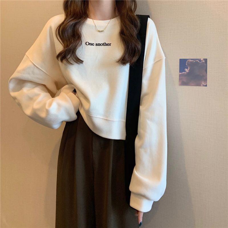 Mode Pullover Damen Herbst und Winter Rundhals Kurzer Abschnitt Langarm Tops Weiblich Lose Keine Kappe