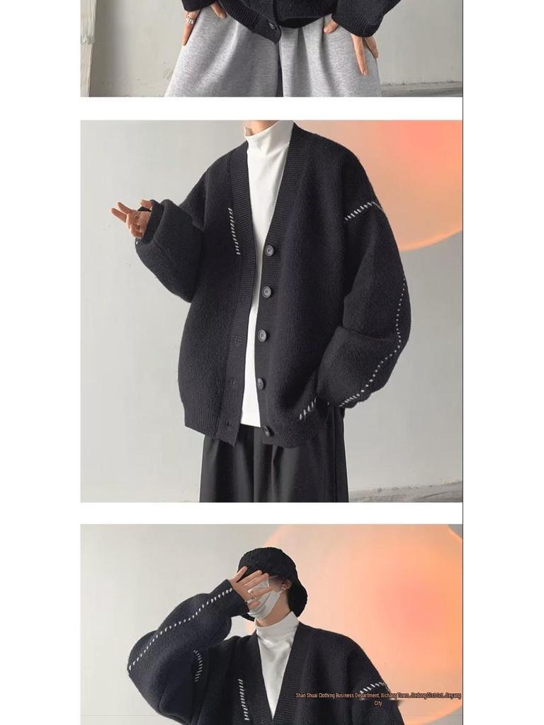 Cardigan Maglione Cappotto Giapponese Retro da Uomo con Scollo a V - Maglieria a Vestibilità Larga per Coppie Autunno/Inverno