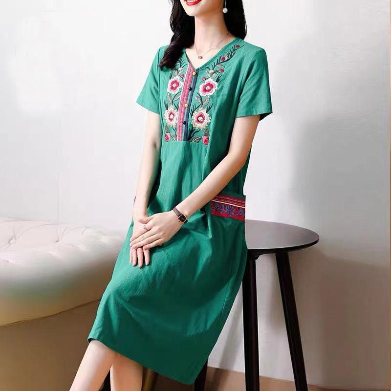 

Фолк Шик Цветочная Вышивка Миди Платье Женская Одежда Винтажная Повседневная V-образный вырез Карманы Комбинированное Летнее А-силуэта С коротким рукавом Платья XL зелёный