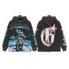 Unisex Vintage Washed Hoodie With Skull Print Loose Fit Streetwear Cotton Sweatshirt Men Women