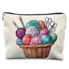 Creative Sewing Theme Print Makeup Bag Polyester Zipper Pouch Button Yarn Cat Pattern Organizer for Travel Daily Use 21.5x15cm