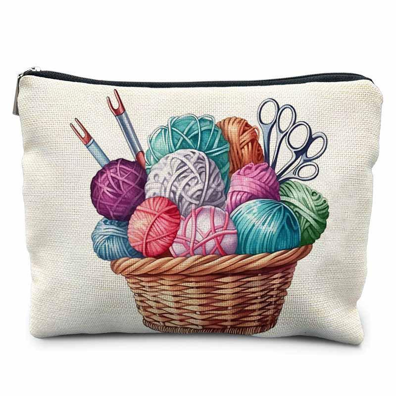 Creative Sewing Theme Print Makeup Bag Polyester Zipper Pouch Button Yarn Cat Pattern Organizer for Travel Daily Use 21.5x15cm