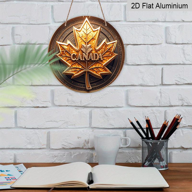 2D Flat Printing, 1pc Round Aluminum Canada Maple Leaf Metal Sign, Vintage Gold Embossed-Style Patriotic Wall Plaque, Durable Weatherproof Wall