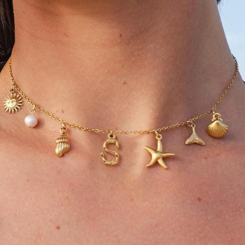 Charm Gold Color A-Z Pendant Alphabet Choker Necklace Women Shell Conch Starfish Initial Letter Necklaces Boho Beach Jewelry