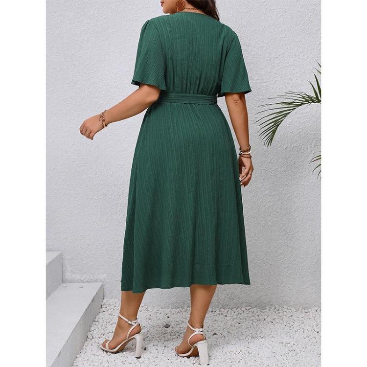 Elegant V-neck Lace Print Summer Casual Dress for Women High Waist Tie Long Maxi Ruffled Short Sleeve Breathable Work Vacation Plus Size Dress