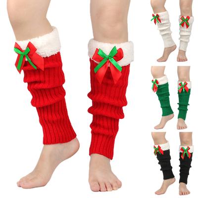 Womens Christmas Bow Stockings Leg Warmers Ankle Winter Warm Fleece Stretch Knitted Foot Cover Ladies Thick Cuffs Boot Socks