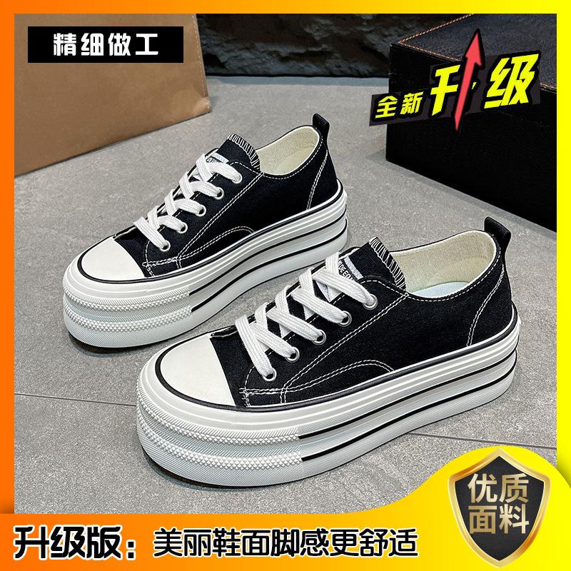 Canvas shoes women's spring and autumn new student round head lace-up breathable non-slip heightening thick-soled casual sports board shoes