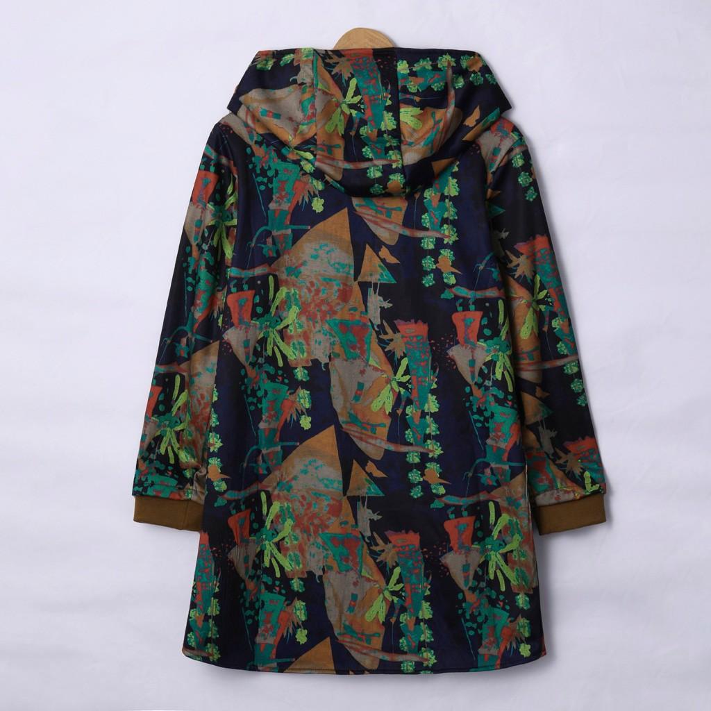 Womens Winter Warm Outwear Floral Print Hooded Pockets Vintage Oversize Coats