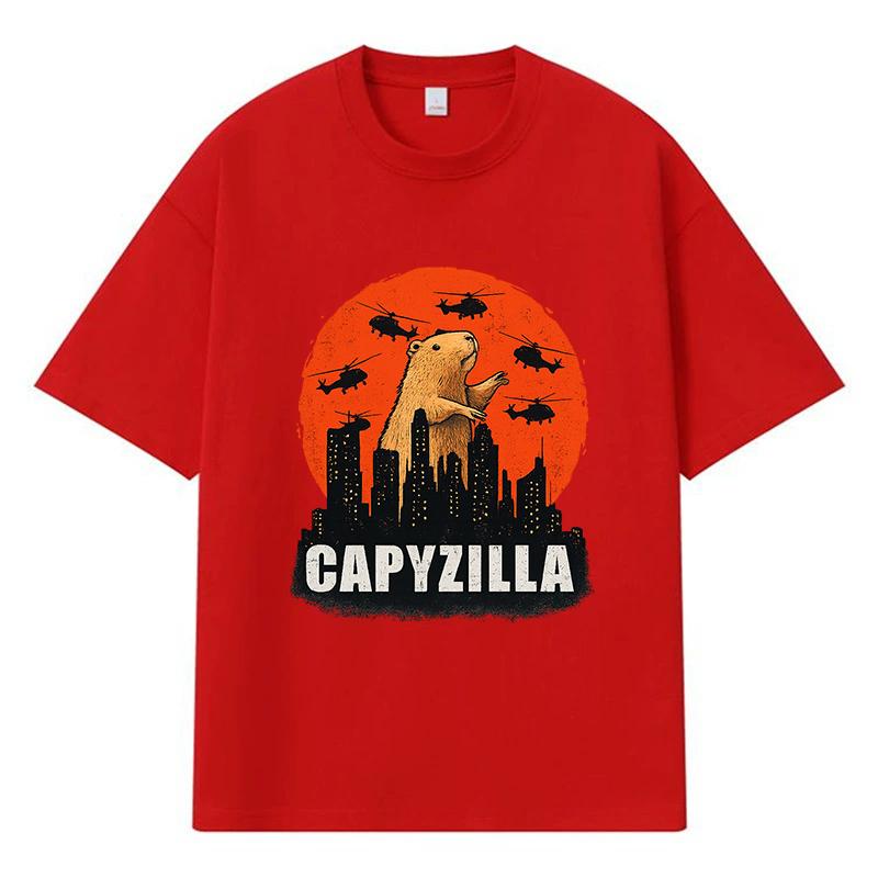 2026 Capybara Standing On Buildings Helicopters Flying Around Graphic Y2k Harajuku Streetwear 100% Cotton T Shirt Casual Oversized Summer Men T-shirt