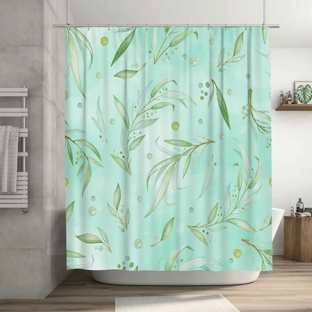 Watercolor Leaf Shower CurtainGreen Floral Pattern for Bathroom Decor Waterproof Fabric Shrinkproof Liner Mint Green Color