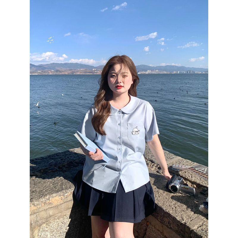 

Stripe Plus Size Women s Clothing Preppy Style Embroider Puppy Ingot Collar Shoulder Blue Plus Size Ladies Slim Looking Short Sleeve Shirt for Women Blue Shirt(Single Piece) 4XL