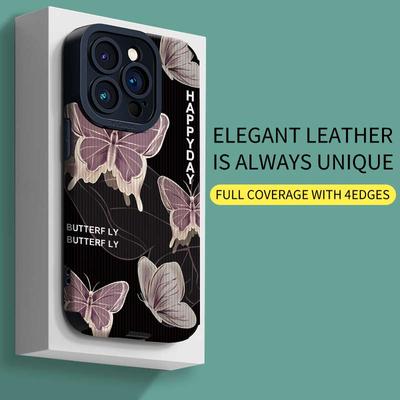 Vertical Grain Leather Butterfly Printed Nice Touch Feeling Soft Silicone Phone Case Back Cover with Camera Lens Full Protection