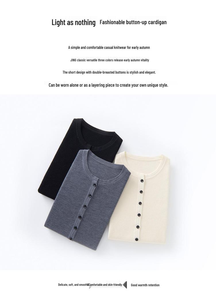 Women's 100% Fine Wool Ribbed Button-Up Cardigan, Round Neck Knitwear – Elegant & Versatile Jacket