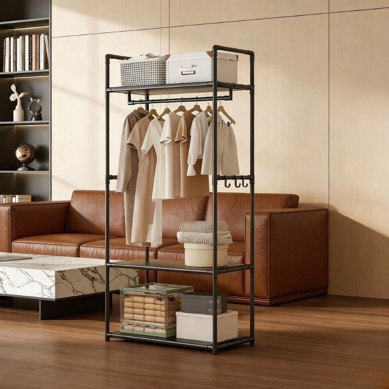 

Clothing Storage Rack with Wheels, Hooks & Shelves, Space-Saving Freestanding Clothes Organizer for Bedroom