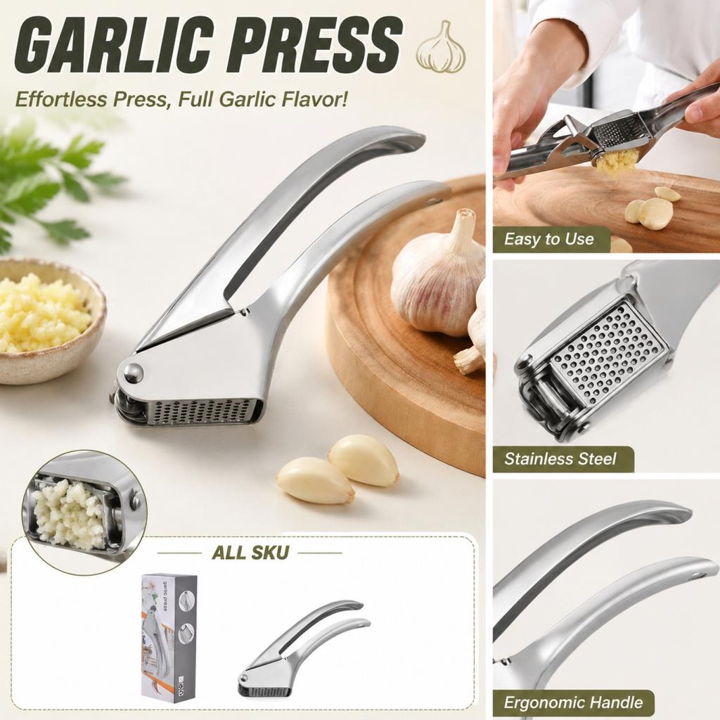Stainless Steel Garlic Press Crusher Kitchen Tool Garlic Mincer with Ergonomic Handle for Easy Crushing and Mashing Garlic Cloves