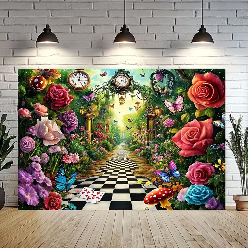 2D Magic Wonderland Backdrop Black White Checkered Path Party Photo Banner