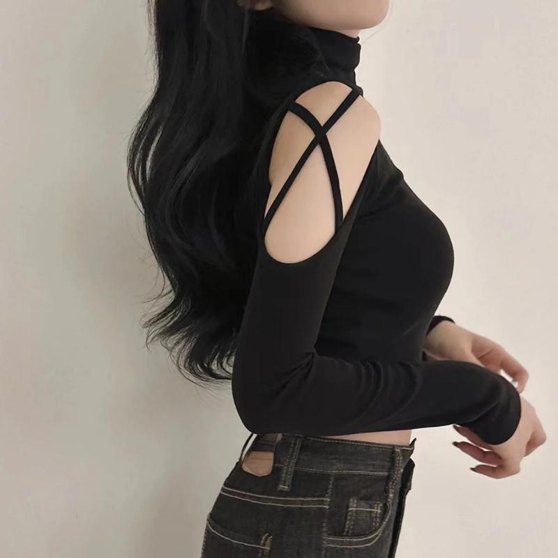 Sexy Off Shoulder Top Women's Long Sleeve Tight Hollow Out High Neck Underlay Short T-shirt Slim Fit