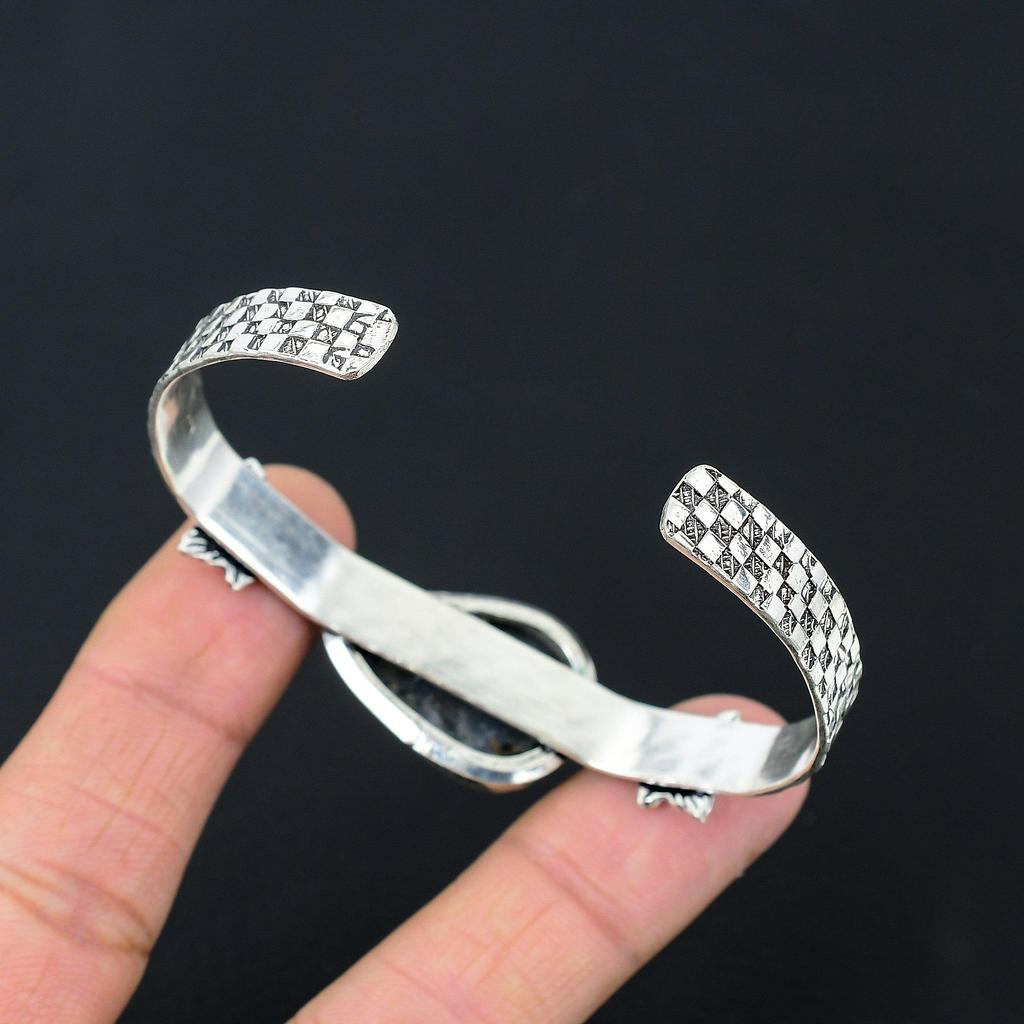 Daughters Day Sale 925 Sterling Silver Black Fossil Coral Stone Bangle Bracelet