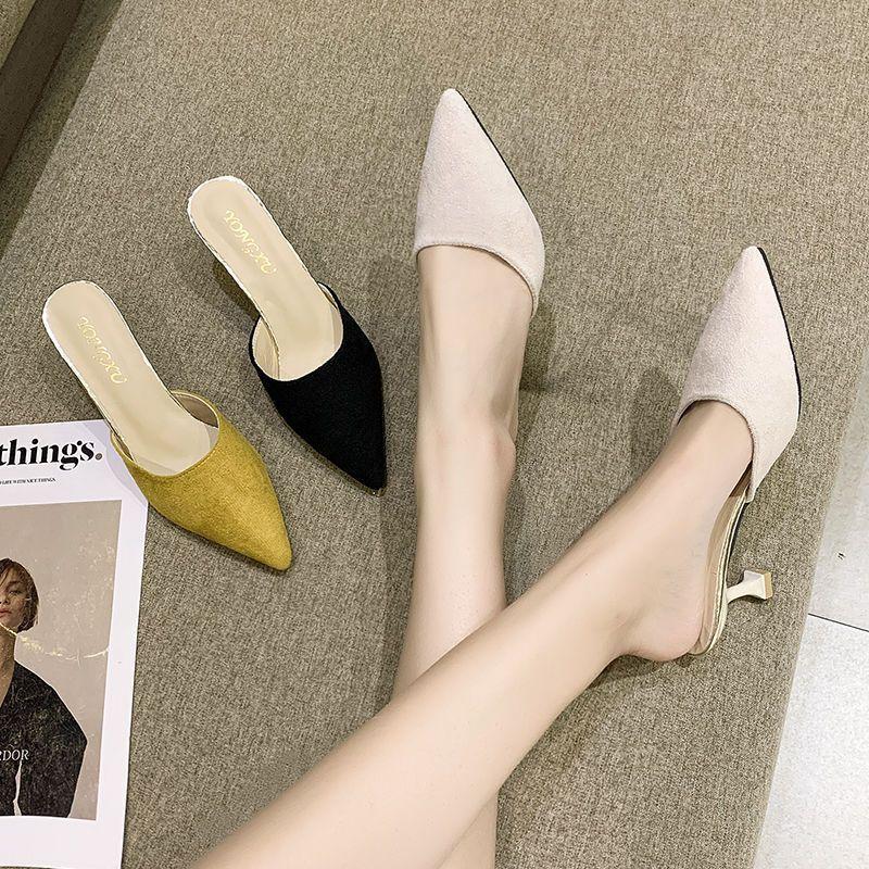 Cool slippers women's 2025 new summer fashion outer wear medium heel thin heel pointed head bag head half drag high heel single shoes ins