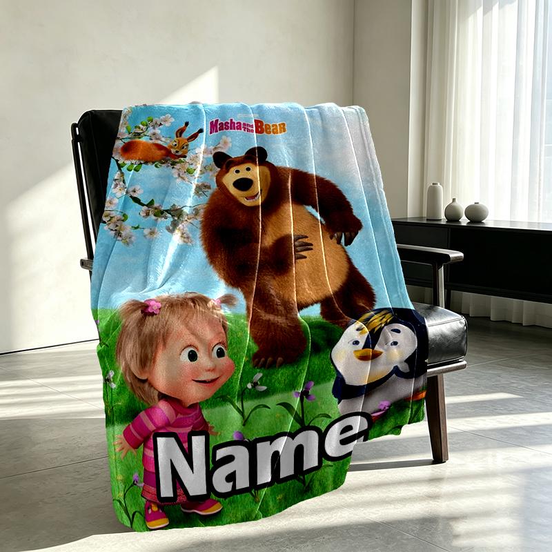Custom Name Personalized Masha and The Bear Print Blankets, Home Decor, Bedroom, Sofa, Camping, Couch, Gifts for Birthday Christmas